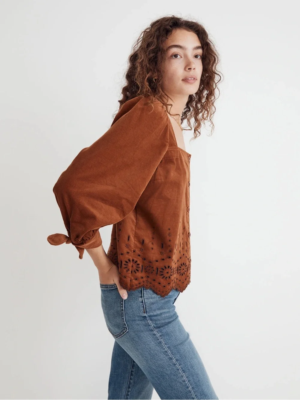 Madewell brown corduroy eyelet long sleeve straight neck top blouse XS